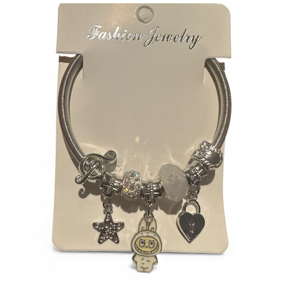 Labubu Monster Silver Stretch Charm Bracelet with White Accents- NWT